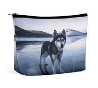LLUTSNTH Makeup Bags Large Capacity Cosmetic Bags for Women Husky Dog on A Frozen Lake Open Flat Toiletry Bag Waterproof Makeup Pouch Portable Cosmetic Organizer Makeups Train for Travel Gift