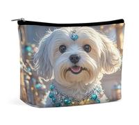 LLUTSNTH Makeup Bags Large Capacity Cosmetic Bags for Women Lovely Maltese Dog Open Flat Toiletry Bag Waterproof Makeup Pouch Portable Cosmetic Organizer Makeups Train for Travel Gift