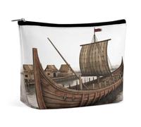 LLUTSNTH Makeup Bags Large Capacity Cosmetic Bags for Women Old Viking Boat Open Flat Toiletry Bag Waterproof Makeup Pouch Portable Cosmetic Organizer Makeups Train for Travel Gift