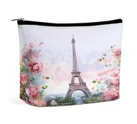 LLUTSNTH Makeup Bags Large Capacity Cosmetic Bags for Women Paris Eiffel Tower With Flowers Open Flat Toiletry Bag Waterproof Makeup Pouch Portable Cosmetic Organizer Makeups Train for Travel Gift