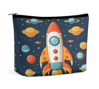 LLUTSNTH Makeup Bags Large Capacity Cosmetic Bags for Women Rocket Clipart Space Ship Open Flat Toiletry Bag Waterproof Makeup Pouch Portable Cosmetic Organizer Makeups Train for Travel Gift