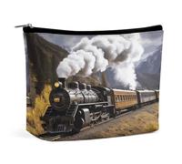 LLUTSNTH Makeup Bags Large Capacity Cosmetic Bags for Women Steam Locomotive Train Open Flat Toiletry Bag Waterproof Makeup Pouch Portable Cosmetic Organizer Makeups Train for Travel Gift