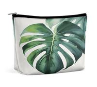 LLUTSNTH Makeup Bags Large Capacity Cosmetic Bags for Women Watercolor Monstera Leaf Open Flat Toiletry Bag Waterproof Makeup Pouch Portable Cosmetic Organizer Makeups Train for Travel Gift
