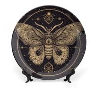 LLUTSNTH Moth Ceramic Decorative Plate Boho Bone China Decorative Plate with Display Stand Wall Hanging Ornament Plates for Kitchen Dining Room Wine Cabinet Home Décor 7inch