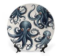 LLUTSNTH Octopus Pattern Ceramic Decorative Plate Boho Bone China Decorative Plate with Display Stand Wall Hanging Ornament Plates for Kitchen Dining Room Wine Cabinet Home Décor 6inch