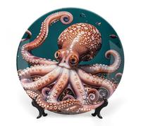 LLUTSNTH Octopus Pattern Ocean Theme Ceramic Decorative Plate Boho Bone China Decorative Plate with Display Stand Wall Hanging Ornament Plates for Kitchen Dining Room Wine Cabinet Home Décor 10inch