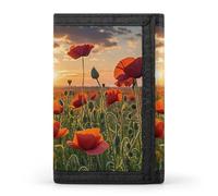 LLUTSNTH Open Book And Light Trifold Wallet for Men - Slim 8 Card Slots, Zipper Coin Purse Money Clip, Cash Compartment, Red Poppy Flower Field in Sunset, One Size, Modern