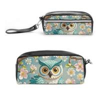 LLUTSNTH Owl Spring Flowers Turquoise Pencil Case - Large Capacity Pen Pouch Aesthetic Makeup Bag with Zipper Leather Pencil Bag for Stationery, Art Supplies, Travel Essentials