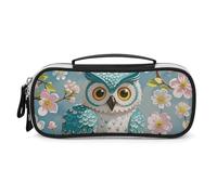 LLUTSNTH Owl Spring Flowers Turquoise Pencil Case - Large Capacity Pencil Pouch Aesthetic Makeup Bag with Zipper Leather And Handle Design Pen Bag for Stationery, Art Supplies, Travel Essentials
