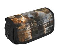 LLUTSNTH Peacock Pattern 2 Compartments Pencil Case Makeup Bag | Large Capacity Polyester Pencil Pouch with Handle | Toiletry & Cosmetic Bag Organizer for Travel Office, Bear crossing the river, One