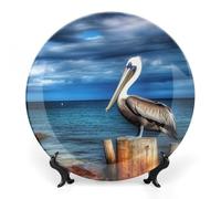 LLUTSNTH Pelican Bird Blue Sea Sky Ceramic Decorative Plate Boho Bone China Decorative Plate with Display Stand Wall Hanging Ornament Plates for Kitchen Dining Room Wine Cabinet Home Décor 7inch