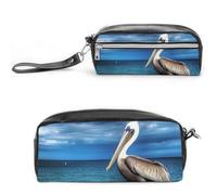 LLUTSNTH Pelican Bird Blue Sea Sky Pencil Case - Large Capacity Pen Pouch Aesthetic Makeup Bag with Zipper Leather Pencil Bag for Stationery, Art Supplies, Travel Essentials