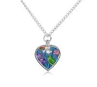 LLUTSNTH Pet Cremation Jewelry for Ashes Green Bird And Flowers Illustration Pendant Heart Pet Urn Necklace Memorial Keepsake Jewelry for Animal Gift with Filling Kit