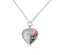 LLUTSNTH Pet Cremation Jewelry for Ashes White Cat And Peonies_ Pendant Heart Pet Urn Necklace Memorial Keepsake Jewelry for Animal Gift with Filling Kit
