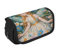 LLUTSNTH Pfhorn Flower Fairy 2 Compartments Pencil Case Makeup Bag | Large Capacity Polyester Pencil Pouch with Handle | Toiletry & Cosmetic Bag Organizer for Travel Office