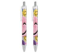 LLUTSNTH Pink Happy Face Pattern Ballpoint Pens Black Medium Point 0.55mm Ball Point Pen Retractable Office Pens with Super Soft Grip Writing Ink Pen for Men Women 2 PCS