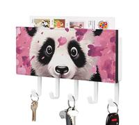 LLUTSNTH Pink Panda Cotton Wall Key Holder with 5 Hooks - PU Leather Key Rack Organizer, Entryway Storage for Keys/Masks/Letters, Housewarming Gift for Hallway Kitchen Decor