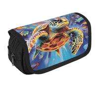 LLUTSNTH Pirate Ship 2 Compartments Pencil Case Makeup Bag | Large Capacity Polyester Pencil Pouch with Handle | Toiletry & Cosmetic Bag Organizer for Travel Office, Colorful Sea Turtle_77697424, One