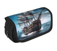 LLUTSNTH Pirate Ship 2 Compartments Pencil Case Makeup Bag | Large Capacity Polyester Pencil Pouch with Handle | Toiletry & Cosmetic Bag Organizer for Travel Office, Pirate Ship, One Size, Pirate Ship