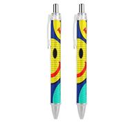 LLUTSNTH Plaid Happy Face Pattern Ballpoint Pens Black Medium Point 0.55mm Ball Point Pen Retractable Office Pens with Super Soft Grip Writing Ink Pen for Men Women 2 PCS