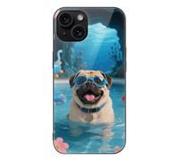 LLUTSNTH Pug Pool Drift for iPhone 15/Pro Case Durable Shockproof Glass Protective Cover with Cute Pattern Design Protection for Women & Men Black