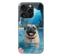 LLUTSNTH Pug Pool Drift for iPhone 15/Pro Case Durable Shockproof Glass Protective Cover with Cute Pattern Design Protection for Women & Men Black