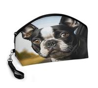 LLUTSNTH Puppy Dog Boston Terrier Travel Makeup Bag, Large Capacity Cosmetic Bag for Women, Waterproof PU Leather, Curved Portable Toiletry Bag for Skincare, Brushes & Travel Essentials