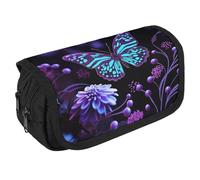 LLUTSNTH Purple Butterfly And Flowers 2 Compartments Pencil Case Makeup Bag | Large Capacity Polyester Pencil Pouch with Handle | Toiletry & Cosmetic Bag Organizer for Travel Office