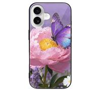 LLUTSNTH Purple Butterfly Bloom for iPhone 16/Pro Case Durable Shockproof Glass Protective Cover with Cute Pattern Design Protection for Women & Men