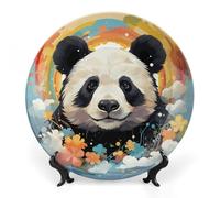 LLUTSNTH Rainbow Cartoon Panda Ceramic Decorative Plate Boho Bone China Decorative Plate with Display Stand Wall Hanging Ornament Plates for Kitchen Dining Room Wine Cabinet Home Décor 10inch