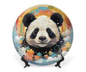 LLUTSNTH Rainbow Cartoon Panda Ceramic Decorative Plate Boho Bone China Decorative Plate with Display Stand Wall Hanging Ornament Plates for Kitchen Dining Room Wine Cabinet Home Décor 10inch