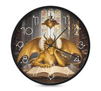 LLUTSNTH Reading Book Cool Retro Dragon Wall Clock Vintage Round Clocks Silent Non Ticking Clock Personalized Pattern Modern Clocks for Home Office Decoration 10 Inch