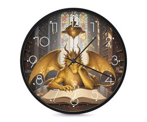 LLUTSNTH Reading Book Cool Retro Dragon Wall Clock Vintage Round Clocks Silent Non Ticking Clock Personalized Pattern Modern Clocks for Home Office Decoration 10 Inch
