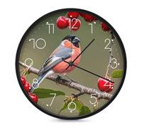 LLUTSNTH Red-Bellied Gray Finch with Cherry Wall Clock Vintage Round Clocks Silent Non Ticking Clock Personalized Pattern Modern Clocks for Home Office Decoration 10 Inch