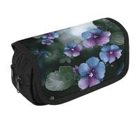 LLUTSNTH Red Hearts Love 2 Compartments Pencil Case Makeup Bag | Large Capacity Polyester Pencil Pouch with Handle | Toiletry & Cosmetic Bag Organizer for Travel Office, Blue Purple Flowers and Green