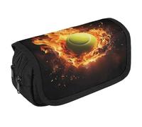 LLUTSNTH Red Hearts Love 2 Compartments Pencil Case Makeup Bag | Large Capacity Polyester Pencil Pouch with Handle | Toiletry & Cosmetic Bag Organizer for Travel Office, Tennis on fire, One Size