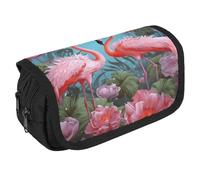 LLUTSNTH Red Hearts Love 2 Compartments Pencil Case Makeup Bag | Large Capacity Polyester Pencil Pouch with Handle | Toiletry & Cosmetic Bag Organizer for Travel Office, Flamingo Love Flowers, One