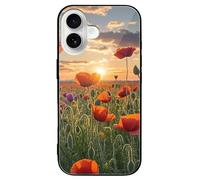 LLUTSNTH Red Poppy Flower Field in Sunset for iPhone 16/Pro Case Durable Shockproof Glass Protective Cover with Cute Pattern Design Protection for Women & Men