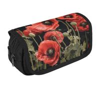 LLUTSNTH Red Poppy Flowers Leaves 2 Compartments Pencil Case Makeup Bag | Large Capacity Polyester Pencil Pouch with Handle | Toiletry & Cosmetic Bag Organizer for Travel Office