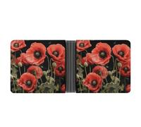 LLUTSNTH Red Poppy Flowers Leaves Slim Leather Wallet for Men Bifold Card Holder for Daily Travel Mens Money Clip
