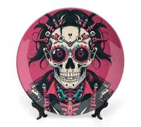 LLUTSNTH Rock Brothers Skulls Theme Ceramic Decorative Plate Boho Bone China Decorative Plate with Display Stand Wall Hanging Ornament Plates for Kitchen Dining Room Wine Cabinet Home Décor 6inch