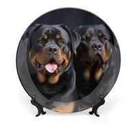 LLUTSNTH Rottweiler Wallpaper Ceramic Decorative Plate Boho Bone China Decorative Plate with Display Stand Wall Hanging Ornament Plates for Kitchen Dining Room Wine Cabinet Home Décor 7inch