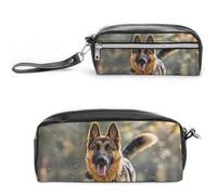 LLUTSNTH Running German Shepherd Dog Pencil Case - Large Capacity Pen Pouch Aesthetic Makeup Bag with Zipper Leather Pencil Bag for Stationery, Art Supplies, Travel Essentials