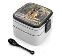 LLUTSNTH Running German Shepherd Dog Stackable Bento Box with Spoon - Leak Proof Lunch Container, Insulated Food Storage Boxes/Invisible Handle for Office, Travel & Picnic