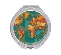 LLUTSNTH Rust World Map Compact Pocket Mirror, Portable Travel Makeup Mirror with 1x/2x Magnification - Double-Sided Folding Design, Elegant Gift for Women, 2.4 Inch Handheld Cosmetic Mirror