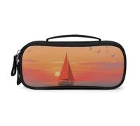 LLUTSNTH Sailing at The Seaside Pencil Case - Large Capacity Pencil Pouch Aesthetic Makeup Bag with Zipper Leather And Handle Design Pen Bag for Stationery, Art Supplies, Travel Essentials