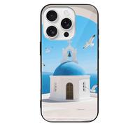 LLUTSNTH Santorini Greek Island Sea for iPhone 16/Pro Case Durable Shockproof Glass Protective Cover with Cute Pattern Design Protection for Women & Men Black