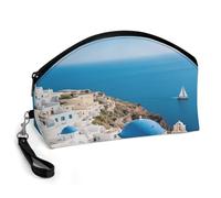 LLUTSNTH Santorini Greek Island Sea View Travel Makeup Bag, Large Capacity Cosmetic Bag for Women, Waterproof PU Leather, Curved Portable Toiletry Bag for Skincare, Brushes & Travel Essentials