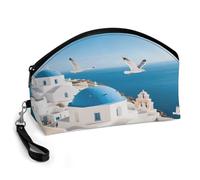 LLUTSNTH Santorini Greek Island Travel Makeup Bag, Large Capacity Cosmetic Bag for Women, Waterproof PU Leather, Curved Portable Toiletry Bag for Skincare, Brushes & Travel Essentials