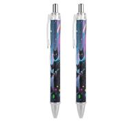 LLUTSNTH Science Fiction Cat Ballpoint Pens Black Medium Point 0.55mm Ball Point Pen Retractable Office Pens with Super Soft Grip Writing Ink Pen for Men Women 2 PCS